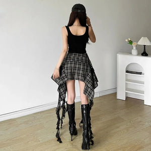 Grunge Plaid Asymmetric Mini Skirt