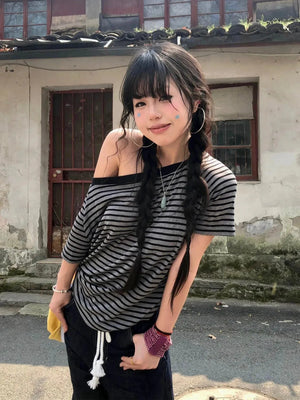 Striped One Shoulder Tee