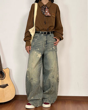 Loose Fit Star Pattern Baggy Jeans