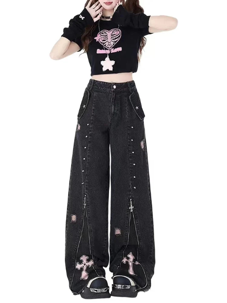 Grunge Cross Zip-Up Jeans