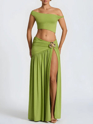 Off Shoulder Crop Top & Slit Maxi Dress Two Piece Set