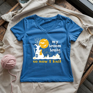 Broom Broke Knitting Witch Lady V-neck