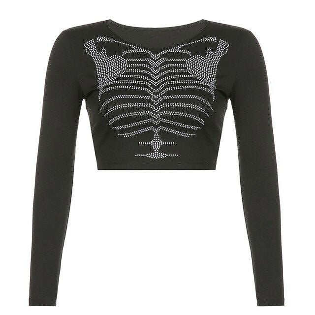 Skeleton Rhinestone Long Sleeve Top