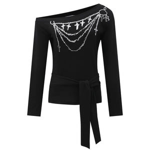 Cross Chain Print One-Shoulder Top