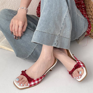 Gingham Picnic Bow Heeled Mules