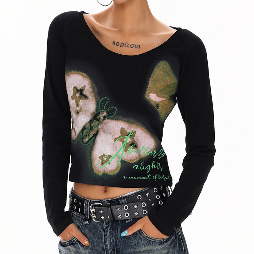 Indie Butterfly Print Long Sleeve Top