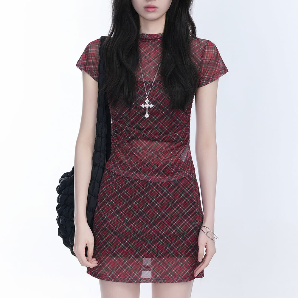 Preppy Plaid Mesh Top & Mini Skirt Set