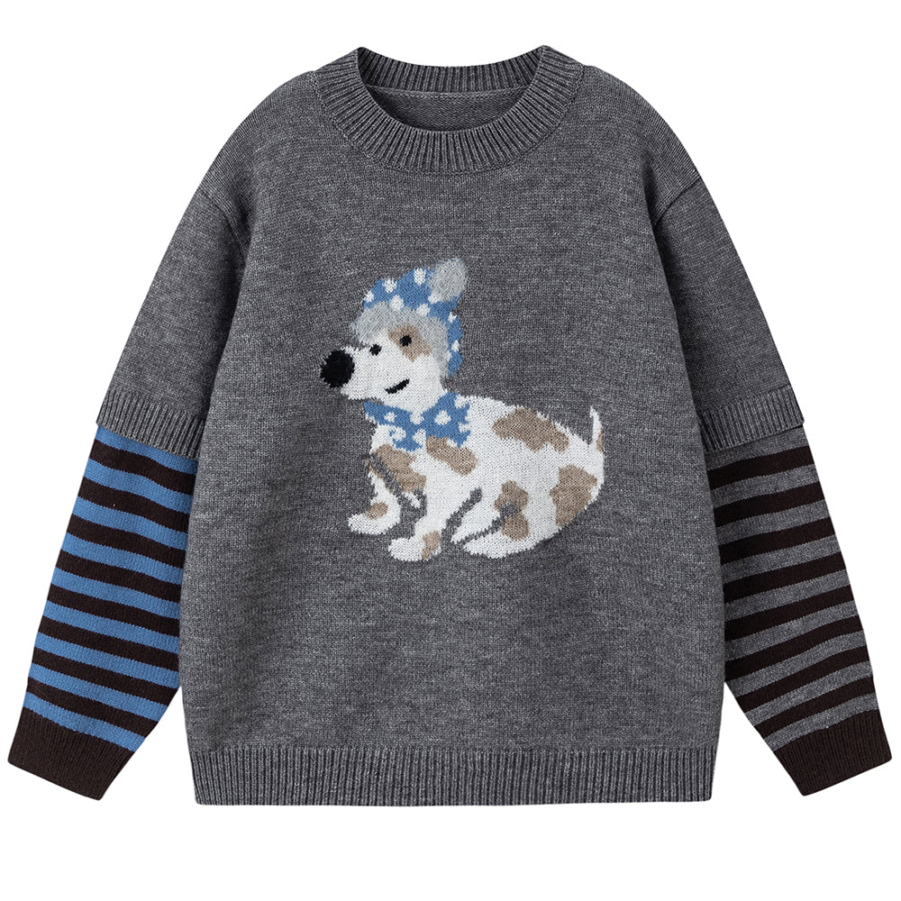 Puppy Print Striped Sleeve Jumper
