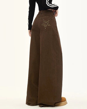 Star Pocket Wide-Leg Brown Pants