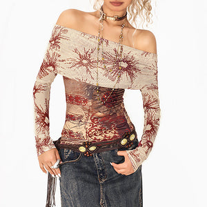 Sun Print Mesh Off-Shoulder Top