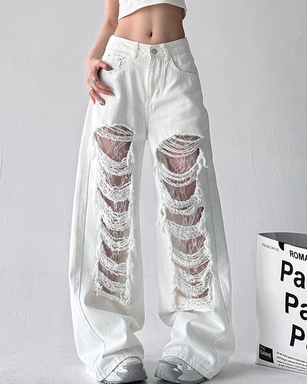 Ripped Lace Baggy Jeans