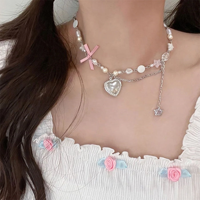 Y2K Heart Bow Pendant Necklace